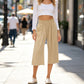👖 49% OFF💫Női magas derekú, széles szárú lenvászon, gumírozott derékrészű capri nadrág
