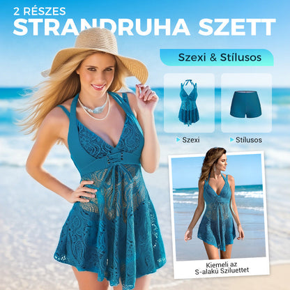 🌊🩱 Csipkés V-nyakú egyrészes fürdőruha szett strandrövidnadrággal, romantikus nyári szett