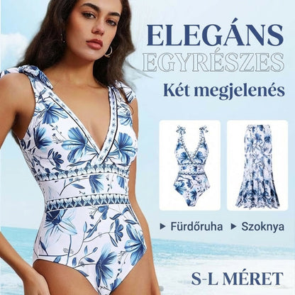 【👙👗 2 részes szett】Női két részes fürdőruha szett virágmintás szoknyával