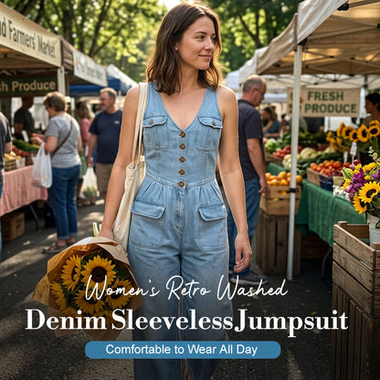👖 45% KEDVEZMÉNY VÉGES IDŐRE! 💥Női farmer overall – Ujjatlan, V-nyakú, Széles szárú 💫
