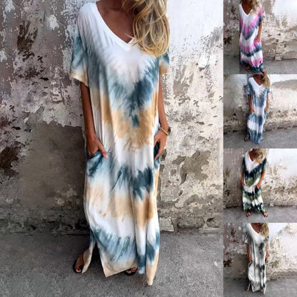 Női alkalmi laza nyomott mintás V-nyákú hosszú ruha – 5 szín | M–2XL