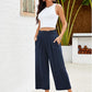 👖 49% OFF💫Női magas derekú, széles szárú lenvászon, gumírozott derékrészű capri nadrág
