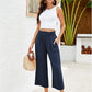 👖 49% OFF💫Női magas derekú, széles szárú lenvászon, gumírozott derékrészű capri nadrág