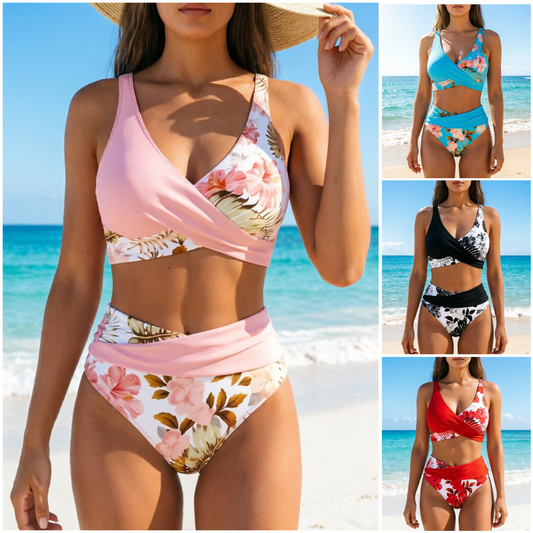 🌊 Virágmintás magas derekú női bikini szett, alakformáló, EU S-XL utánvétes