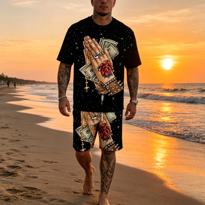Luźny dwuczęściowy zestaw z krótkimi spodenkami i zabawnym nadrukiem – wygodny T-shirt i krótkie spodenki na lato i czas wolny 😄☀️