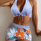 👙 Női nyakpántos bikini elöl masnival, levél mintás