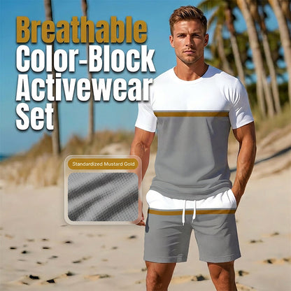 🏖️👕 Letni zestaw sportowy dla mężczyzn w stylu color-block – oddychająca koszulka sportowa i szorty ze sznurkiem, zestaw dwuczęściowy