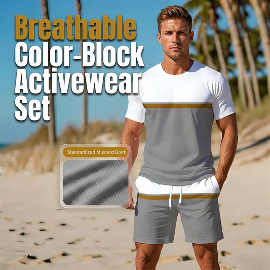 🏖️👕 Letni zestaw sportowy dla mężczyzn w stylu color-block – oddychająca koszulka sportowa i szorty ze sznurkiem, zestaw dwuczęściowy