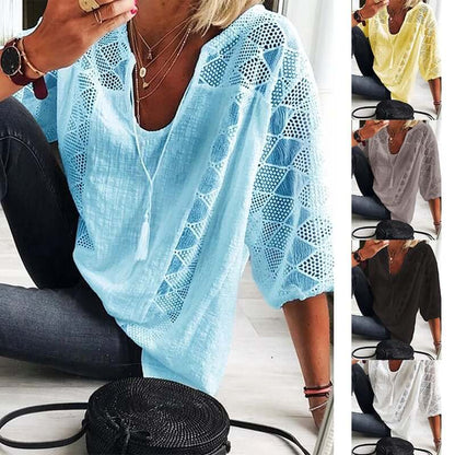 Női elegáns U-nyakú hosszú ujjú blúz, könnyű anyag mindennapi viseletre