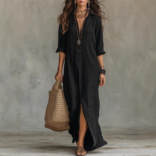 👗 OGRANICZONA OFERTA 49%! 💥 Swobodna, luźna sukienka maxi z rozcięciem z przodu – detal kołnierzyka, rękawy z podwiniętym mankietem, ziemiste kolory ✨