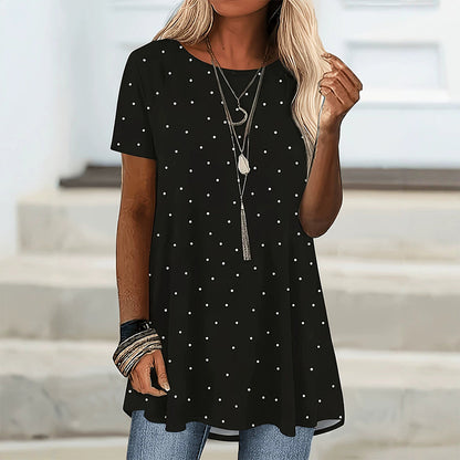 ✨ Casual tunika blúz nőknek pöttyös mintával és rövid ujjakkal, kényelmes viselet