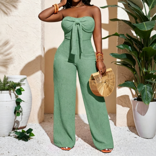 Női jumpsuit, vállpánt nélküli, magas derékú, széles szárú
