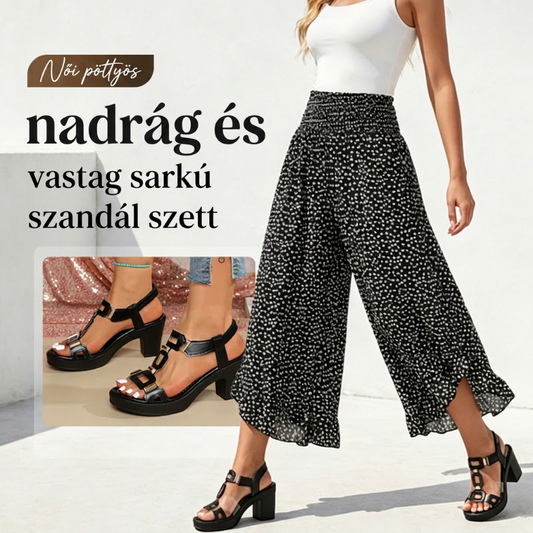 Női szett pöttyös nadrággal és vastag sarkú szandállal, elegáns mindennapi viselet
