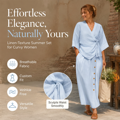 👗Női alkalmi wrap felső & oldalsó gombos szoknya szett – Elegáns 2 részes nyári szett ✨