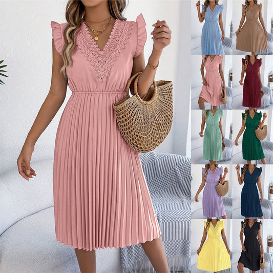 🌸 Női elegáns csipkés fodros midi ruha, légies könnyű anyag ünnepi és randevús viseletre