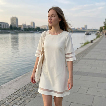 Női elegáns A-vonalú ruha hálós betéttel, nyári könnyű és kényelmes