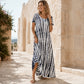 Modny teraz⭐💃 Powiewna midi w stylu tie-dye z eleganckim drapowaniem – uniwersalny styl na wakacje i miejskie spacery