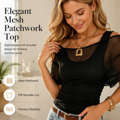 ✨ Egyedi hálós patchwork vállat szabadon hagyó női felső