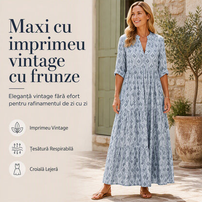 Rochie Maxi Boho cu Imprimeu Botanic – Decolteu V, Mâneci Lungi, Lejeră & Feminină, 3 Culori, Mărimi M-3XL