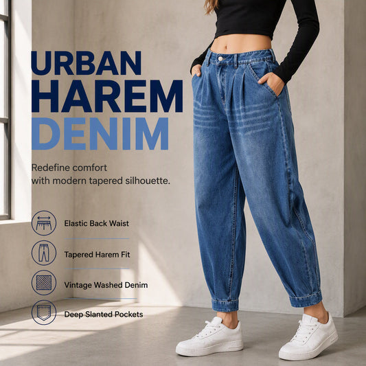 Dżinsy Harem z Wysokim Stanem, Elastyczne z Tyłu, Denim Vintage Wash, Głębokie Kieszenie — Miejski Komfort