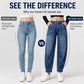 Dżinsy Harem z Wysokim Stanem, Elastyczne z Tyłu, Denim Vintage Wash, Głębokie Kieszenie — Miejski Komfort