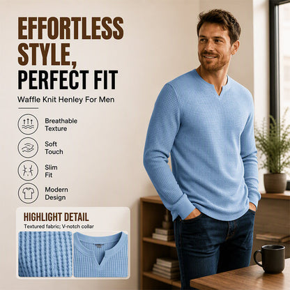 Męska koszula z dzianiny waflowej, slim fit, z dekoltem w szpic