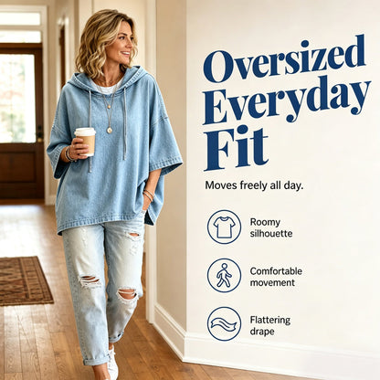 Bluza dżinsowa w stylu „washed”, o kroju oversize, z rękawami 3/4 i kapturem ze sznurkiem — jasnoniebieska, granatowa — rozmiary S–3XL