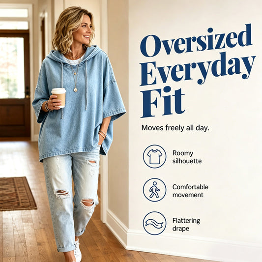 Bluza dżinsowa w stylu „washed”, o kroju oversize, z rękawami 3/4 i kapturem ze sznurkiem — jasnoniebieska, granatowa — rozmiary S–3XL