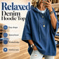 Bluza dżinsowa w stylu „washed”, o kroju oversize, z rękawami 3/4 i kapturem ze sznurkiem — jasnoniebieska, granatowa — rozmiary S–3XL