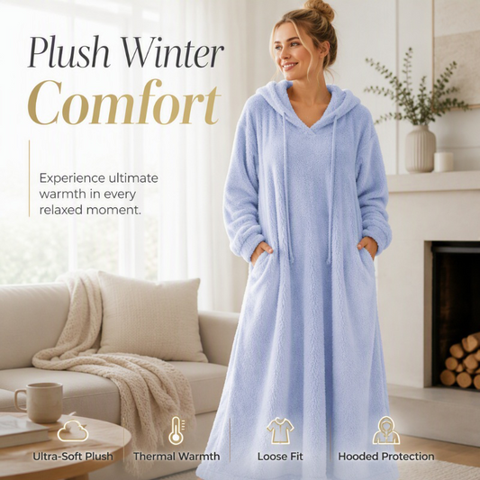 ❄️ Przytulny zimowy komfort | Damska pluszowa sukienka lounge z kapturem, długa