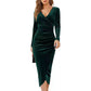 👗✨Sukienka damska o kroju bodycon z weluru, z dekoltem w serek i marszczeniami