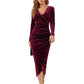 👗✨Sukienka damska o kroju bodycon z weluru, z dekoltem w serek i marszczeniami