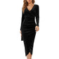 👗✨Sukienka damska o kroju bodycon z weluru, z dekoltem w serek i marszczeniami