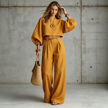 Damski casualowy zestaw topu crop i szerokich spodni
