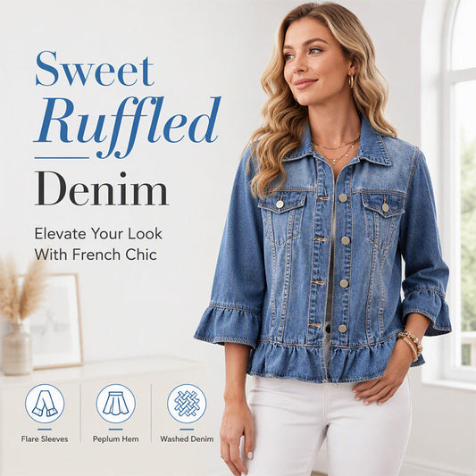 💙 Marszczony denim, podkreślający talię krój | Damska kurtka peplum o skróconej długości